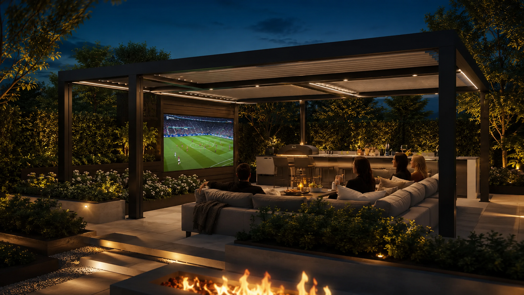 Contemporary pergola and paved seating area prepared for outdoor entertaining in a Dublin garden