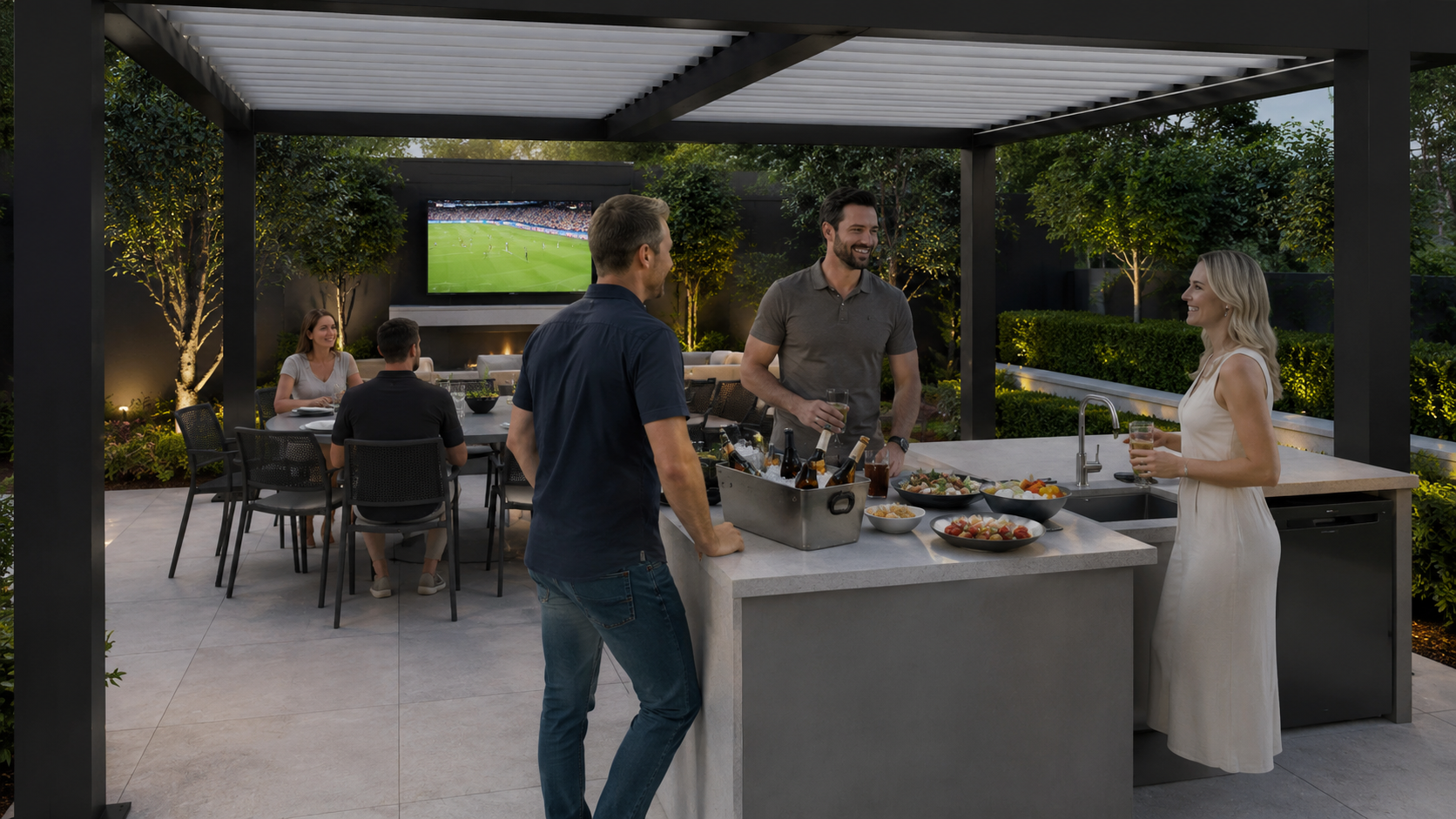 Pergola-covered garden seating area set up for evening hosting in Dublin