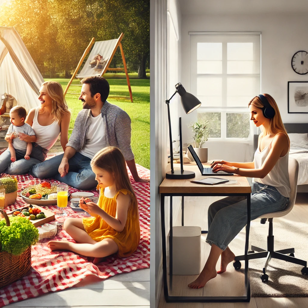 A family enjoying time together while a virtual assistant keeps the business running
