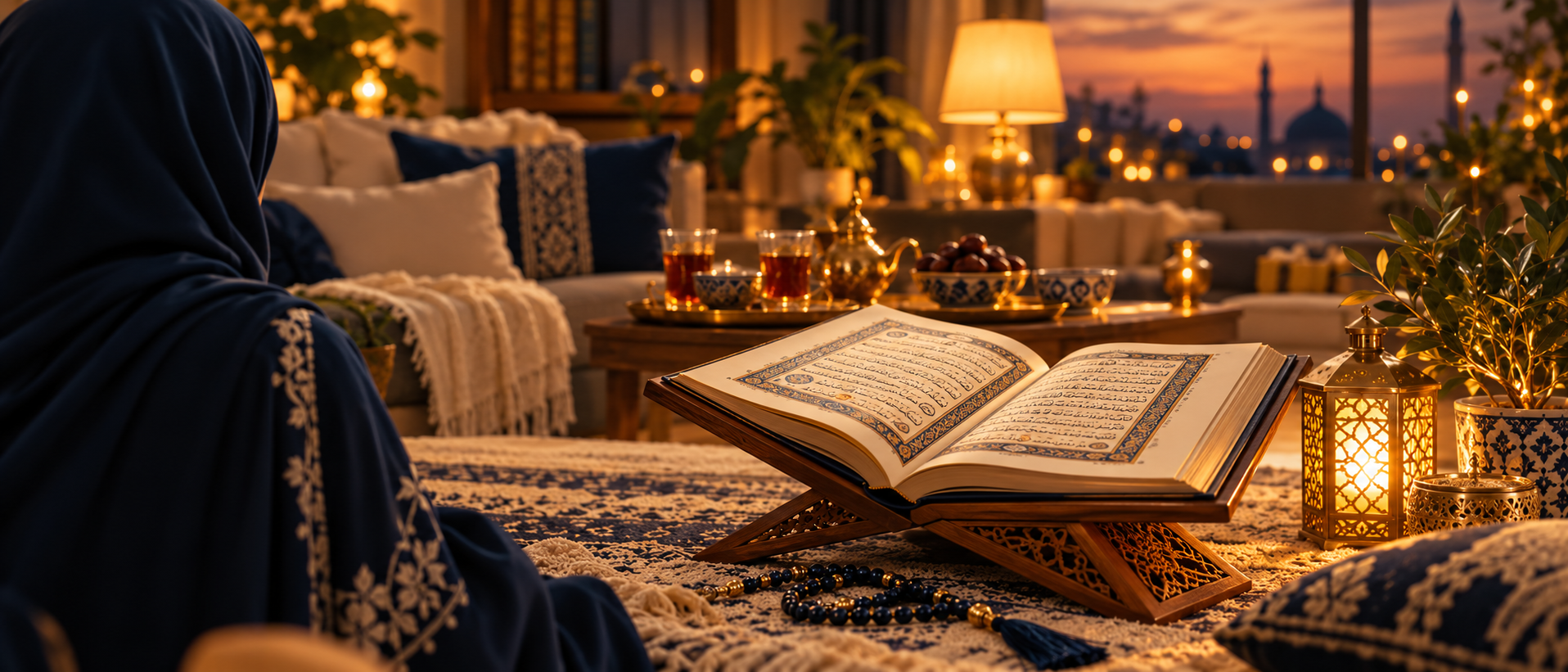 An open Qurʾān in a warm living room at dusk