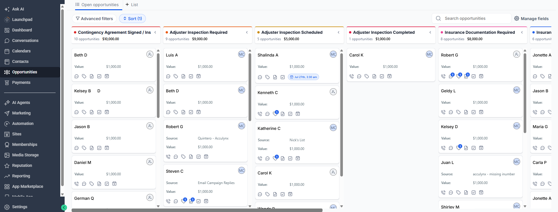 user interface view of a sales pipeline successfully moving opportunities through stages