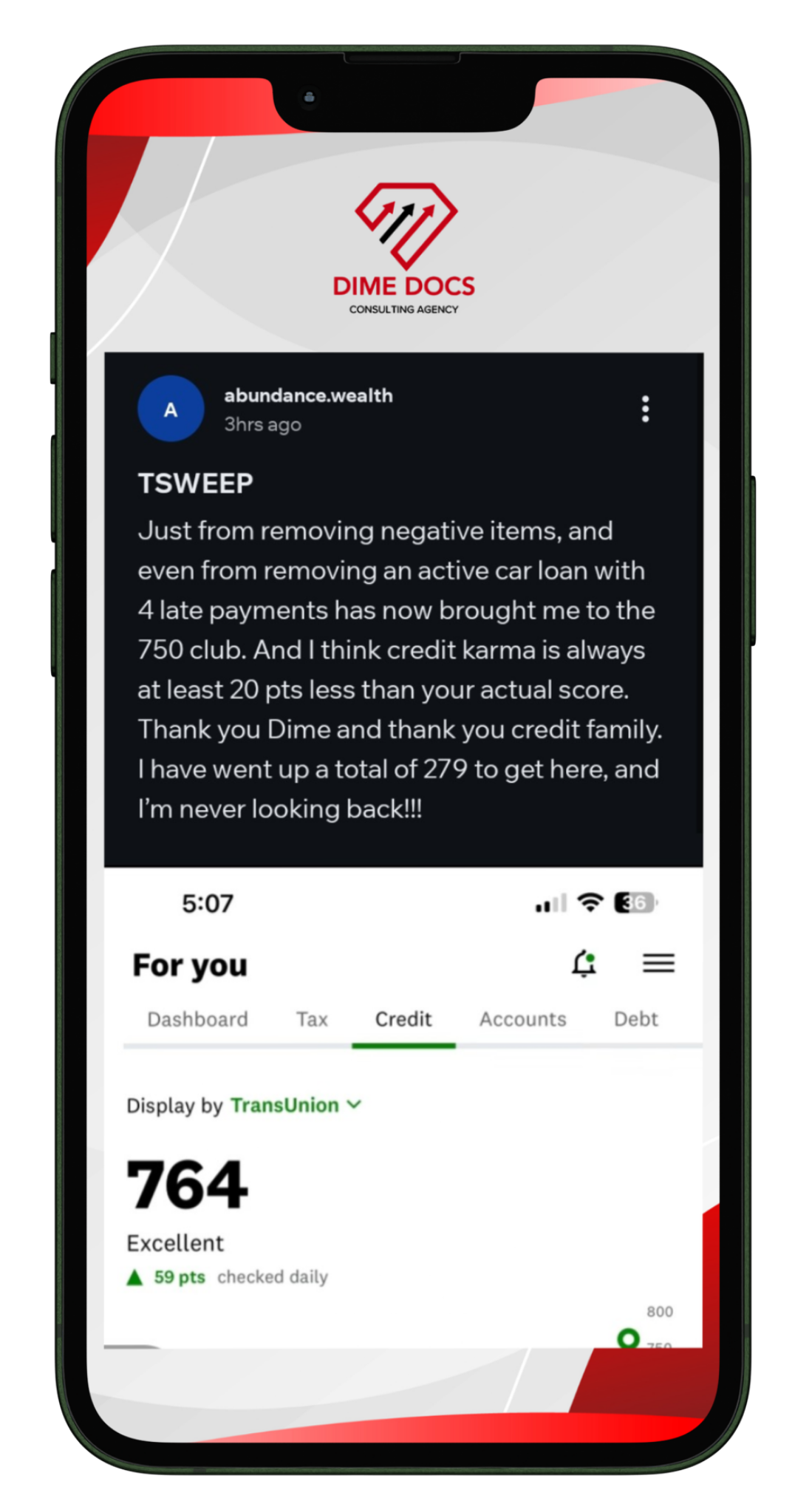 Client message from abundance.wealth — negative items and an active car loan removed, credit score now 764, rated Excellent