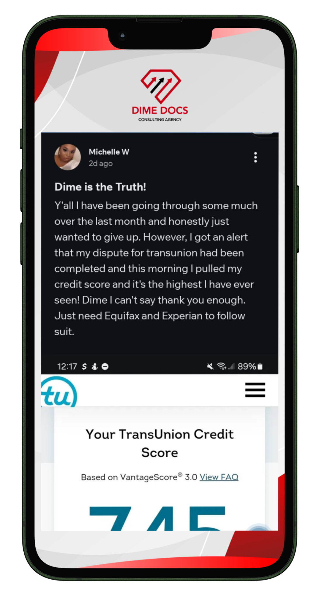 Client message from Michelle W — her dispute completed and her TransUnion score is the highest she has ever seen