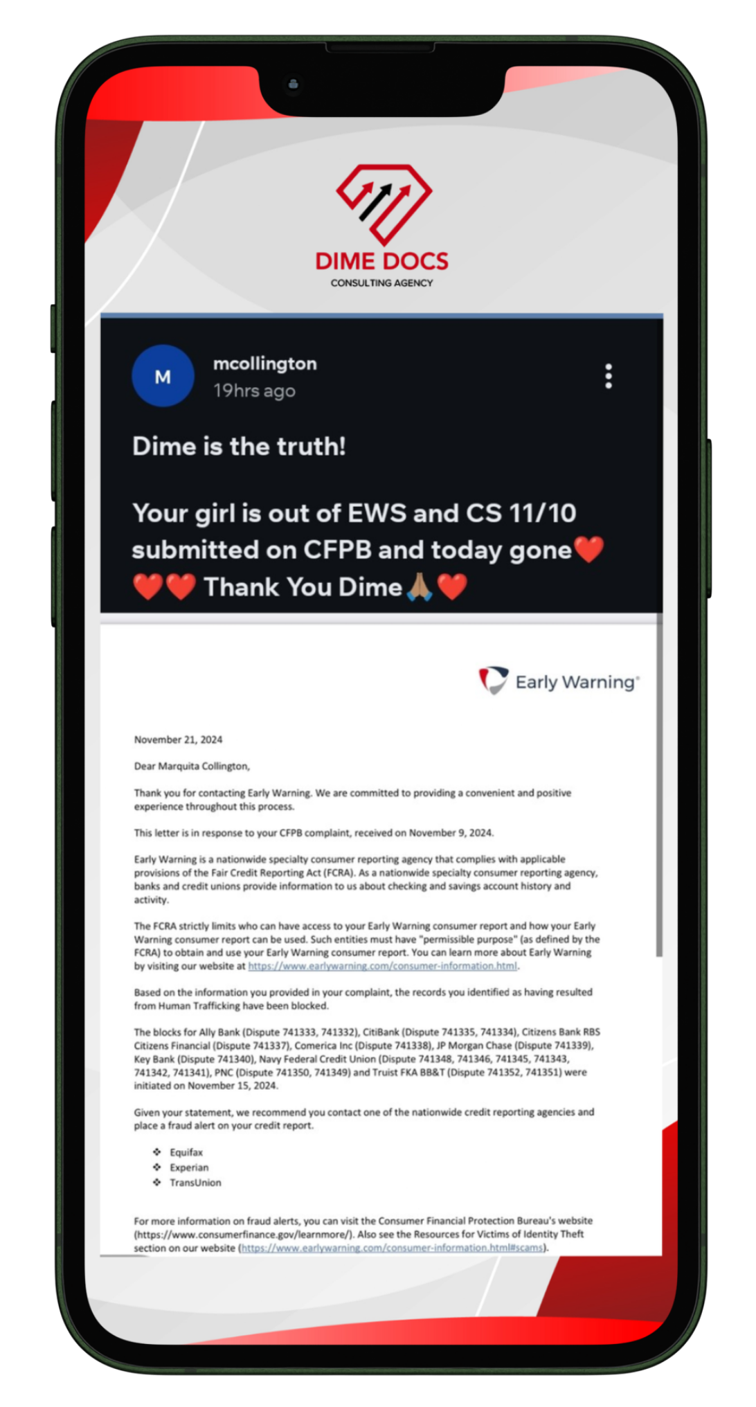Client message from mcollington about getting out of EWS and ChexSystems