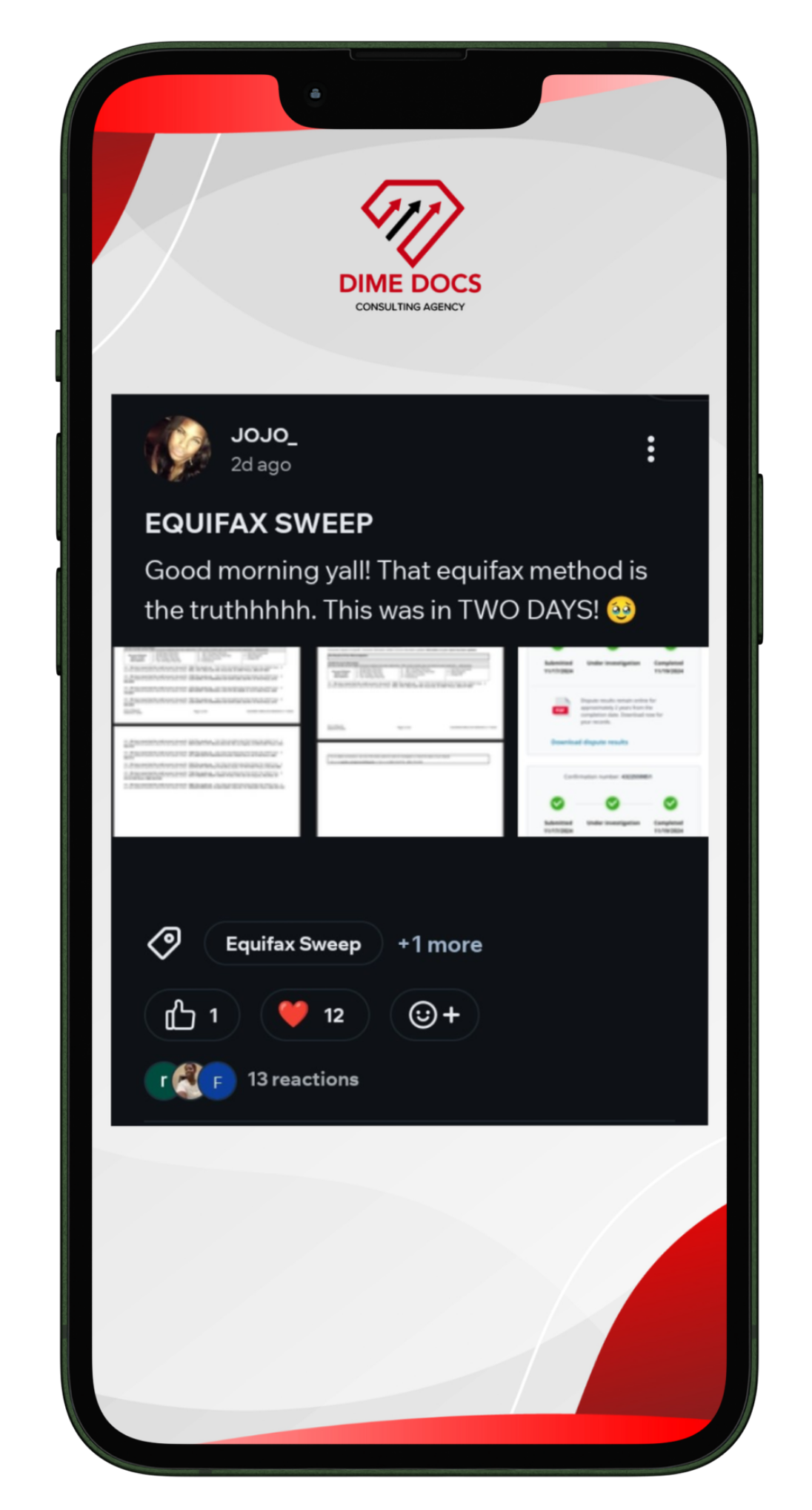 Client message from JOJO — the Equifax sweep cleared in two days