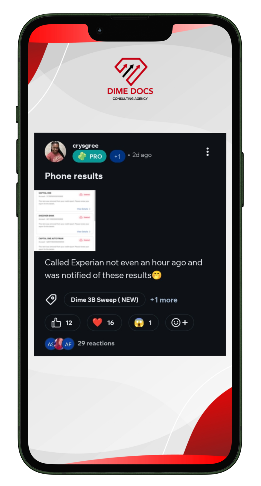 Client message from mrjoygrae showing her Experian results on her phone
