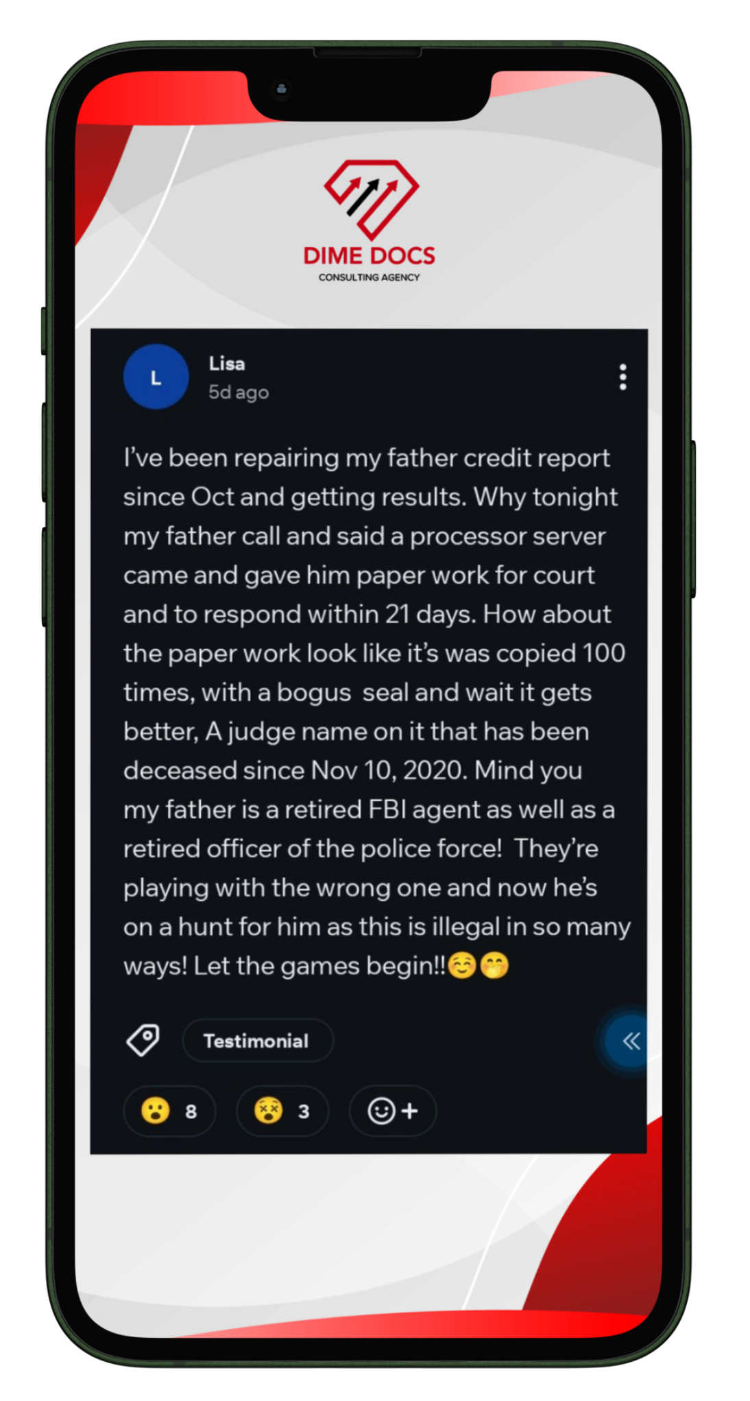 Client message from Lisa about her father's credit repair