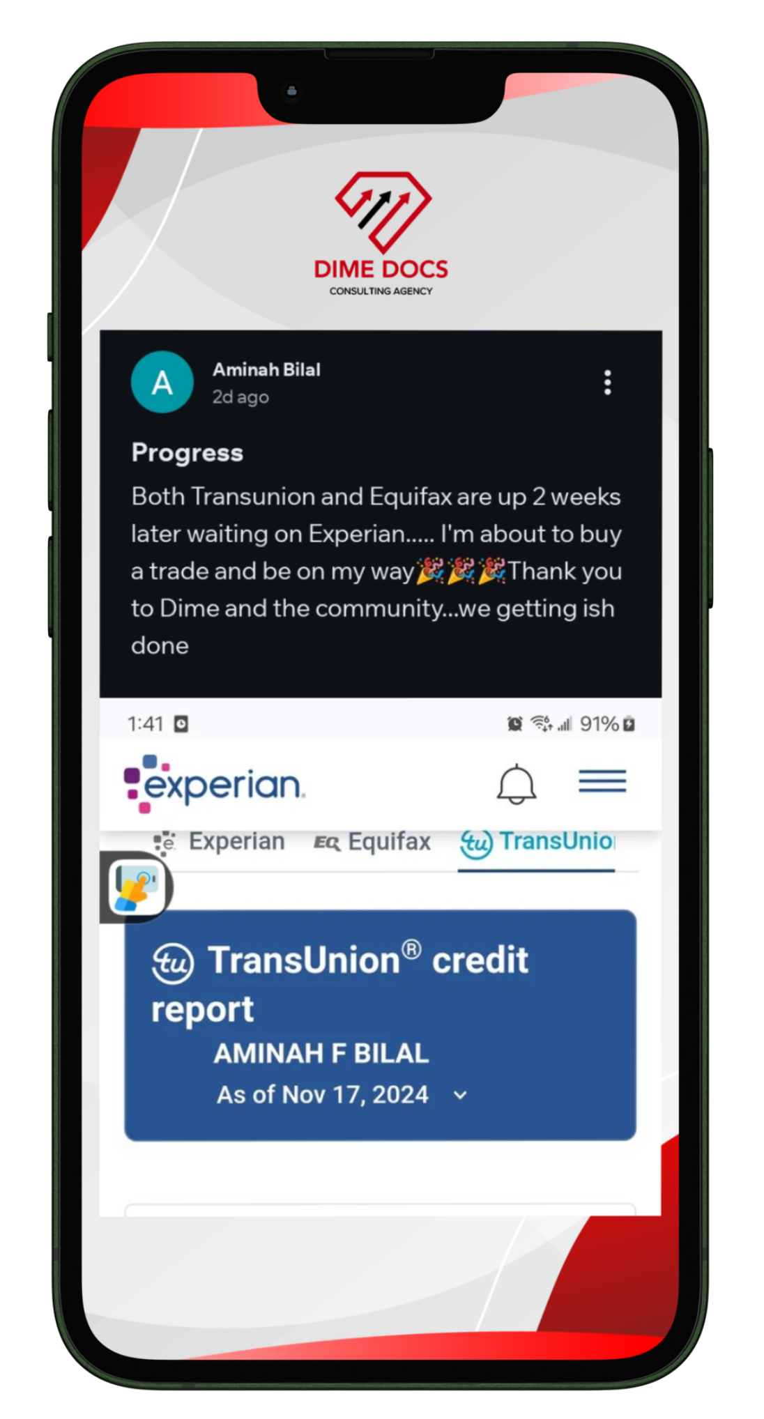 Client message from Aminah Bilal showing TransUnion progress