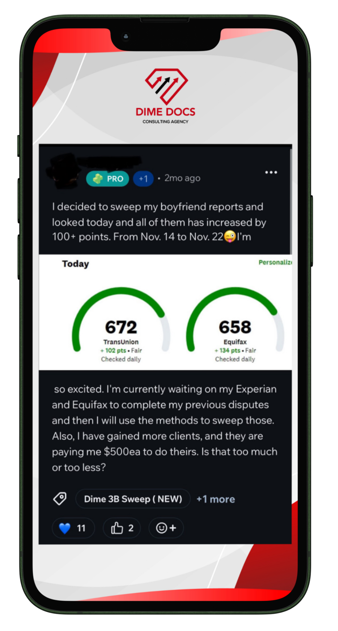 Client screenshot showing a sweep result with 672 and 658 scores