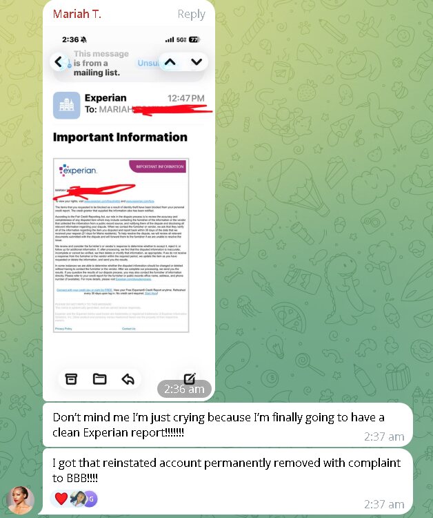 Client message from Mariah about her credit results