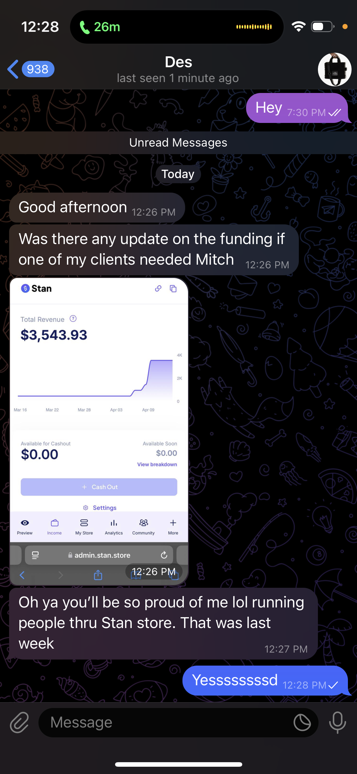 Des shares a Stan dashboard showing total revenue of $3,543.93.