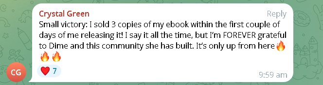 Crystal Green celebrates selling three copies of her ebook in its first couple of days.
