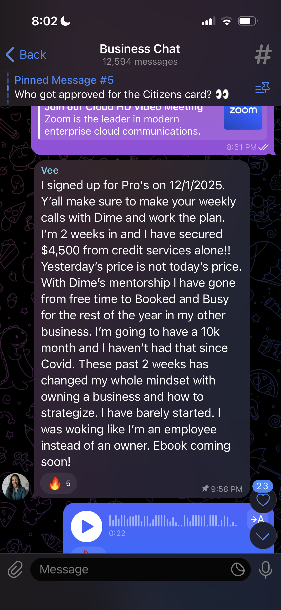 Vee reports $4,500 from credit services two weeks after joining Pros.