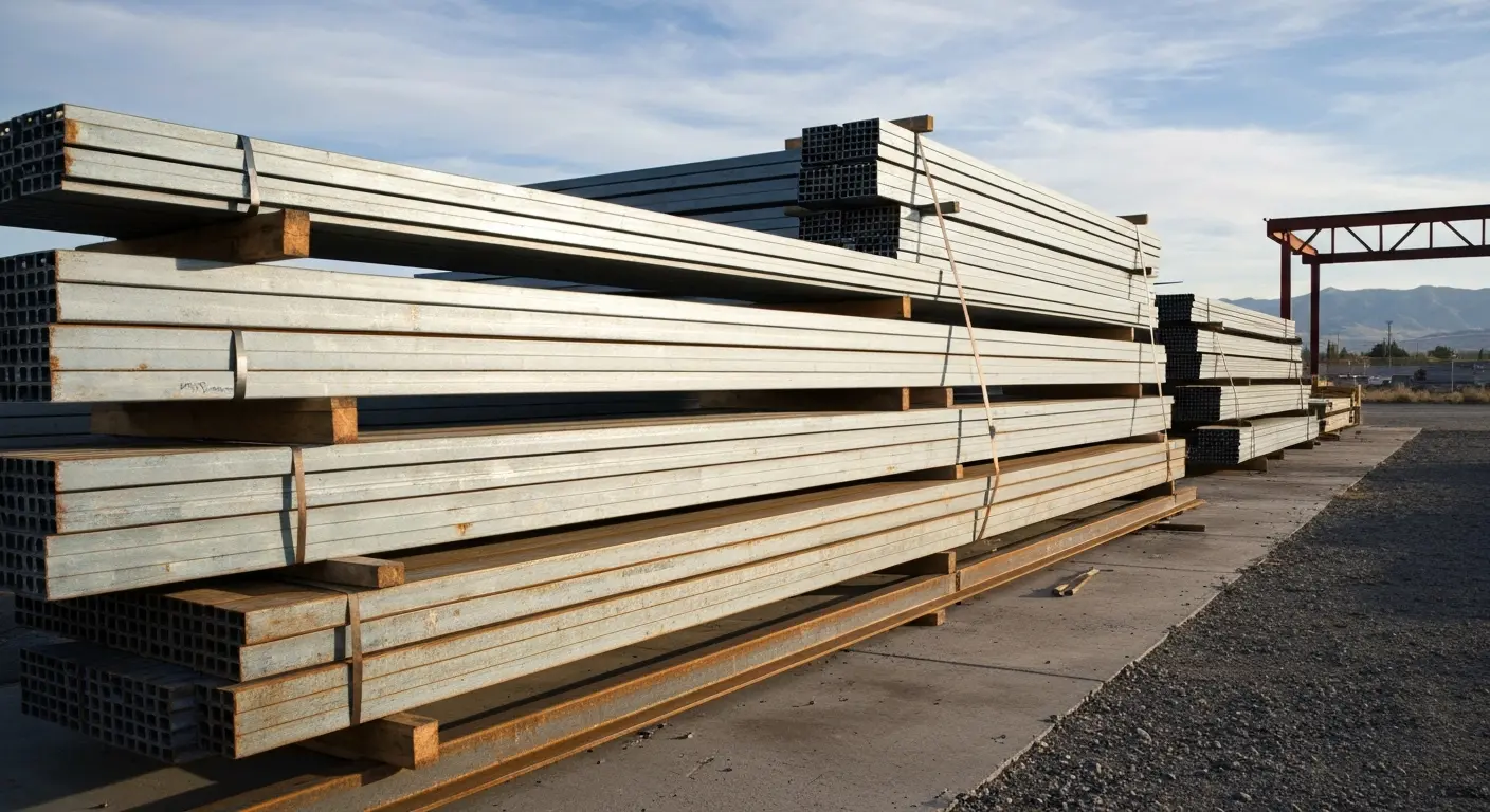 Steel building materials stacked for delivery