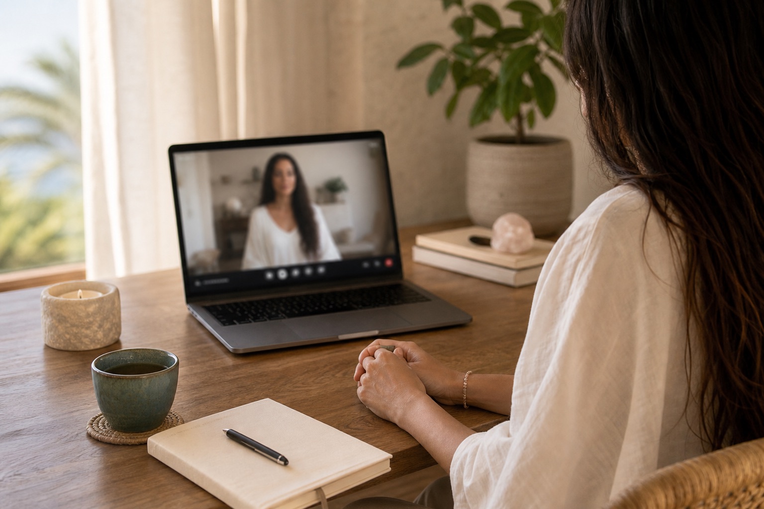 Online spiritual coaching session from a calm home workspace