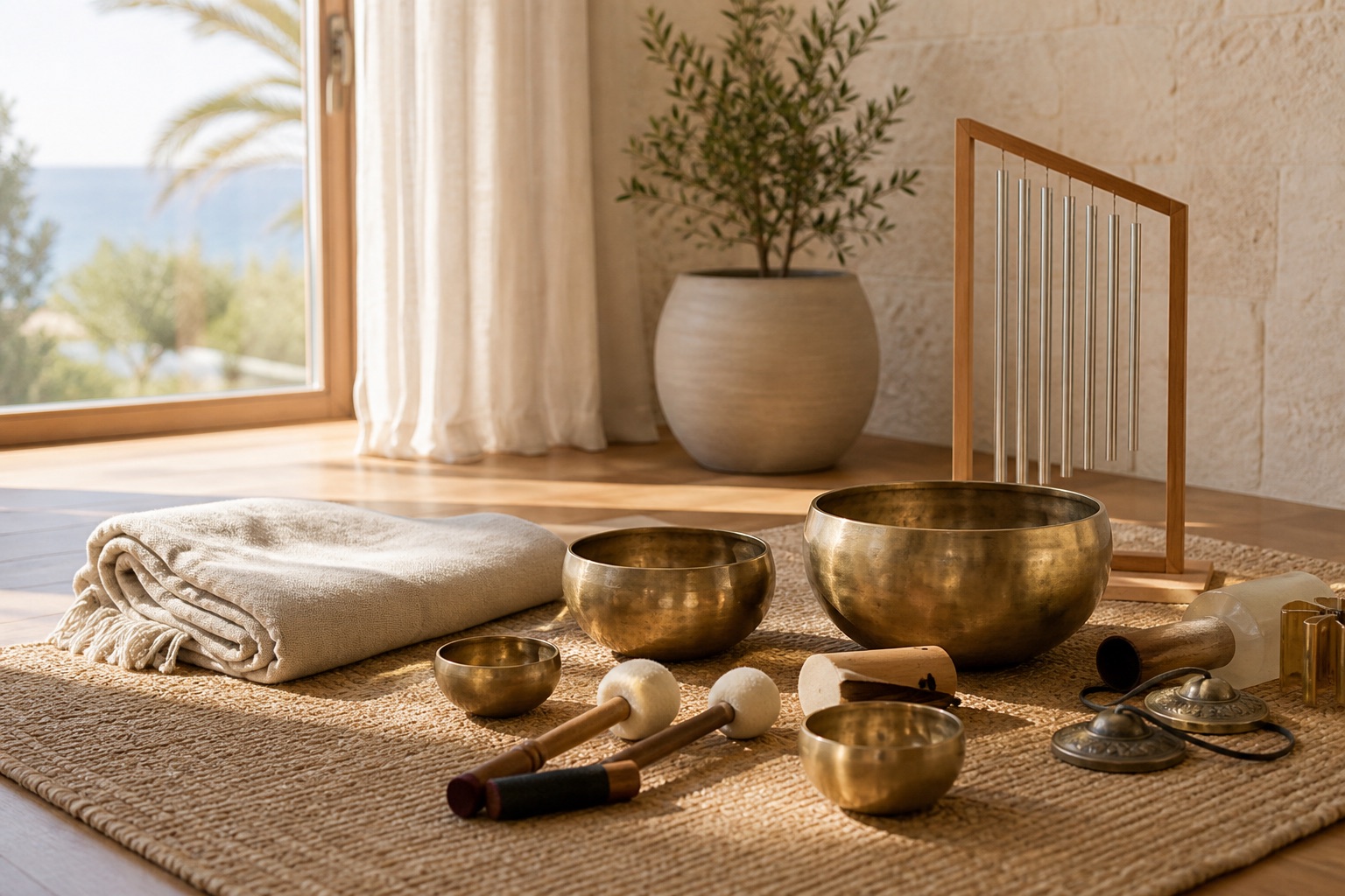 Sound therapy instruments prepared in a Mediterranean wellness studio