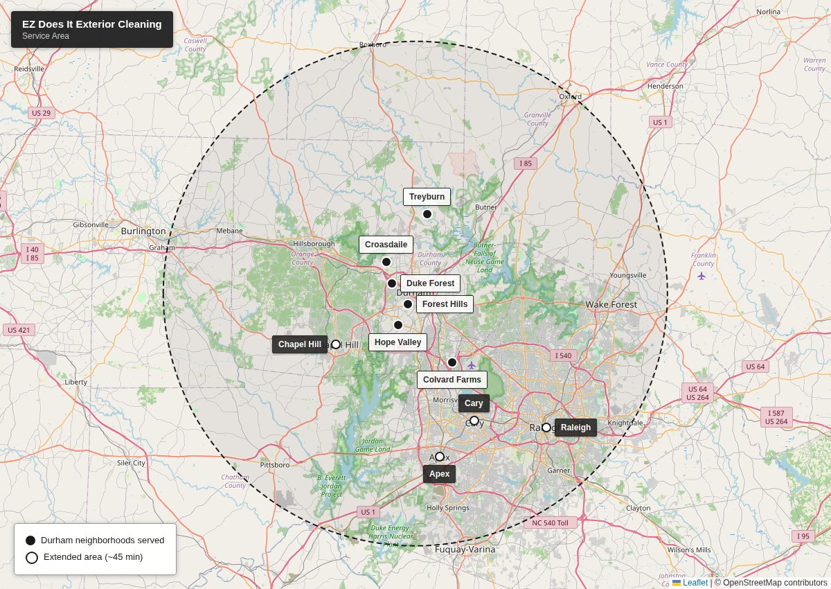 Map of EZ Does It's Durham service area and neighborhoods, with an extended radius covering Raleigh, Chapel Hill, Apex, and Cary