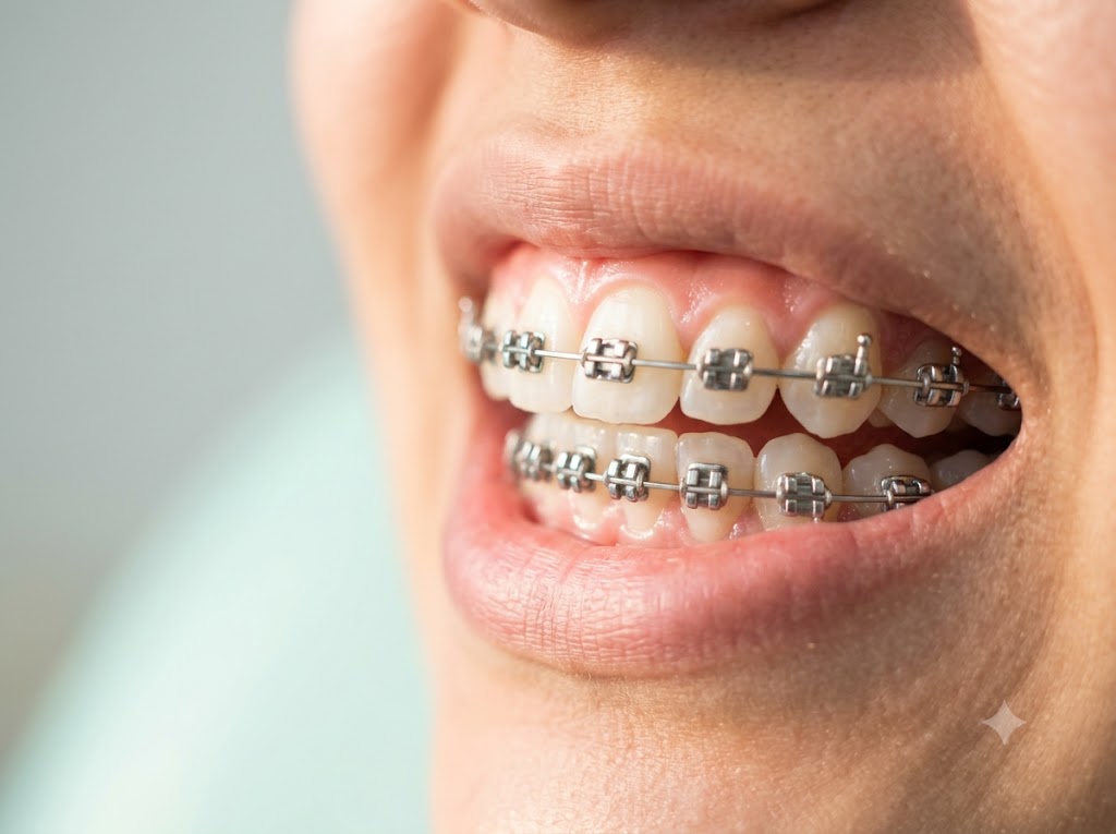 Metal braces on a set of teeth, close up