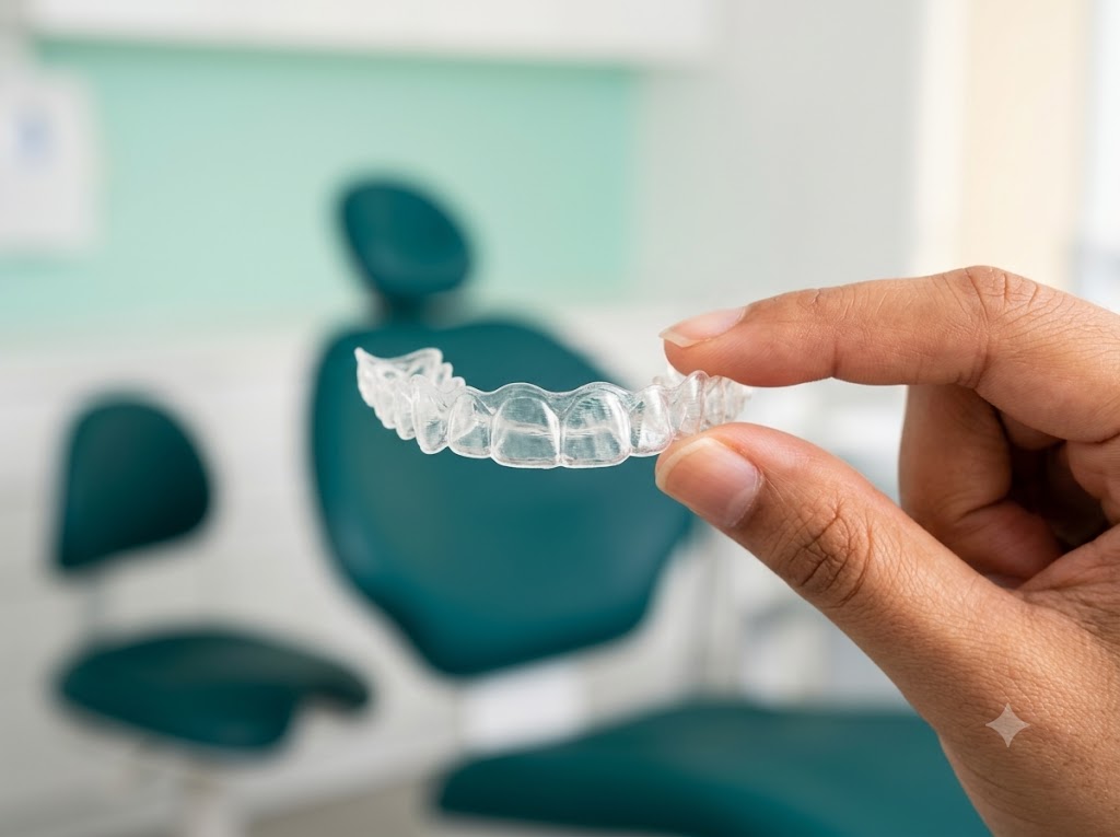 Clear aligner tray held between finger and thumb
