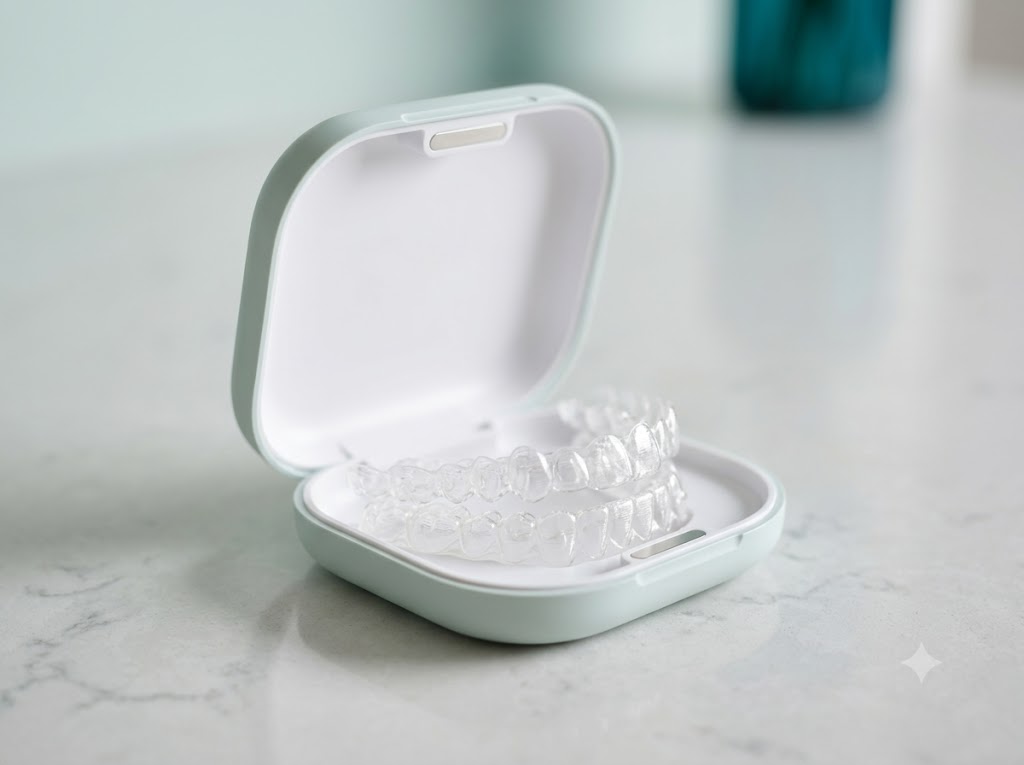 Aligner trays in a storage case on a clean surface