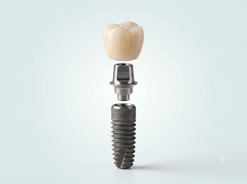 A single dental implant with a crown, shown against a clean background