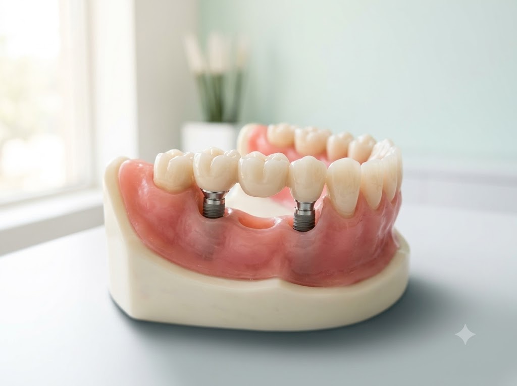 An implant-supported bridge replacing several teeth in a row