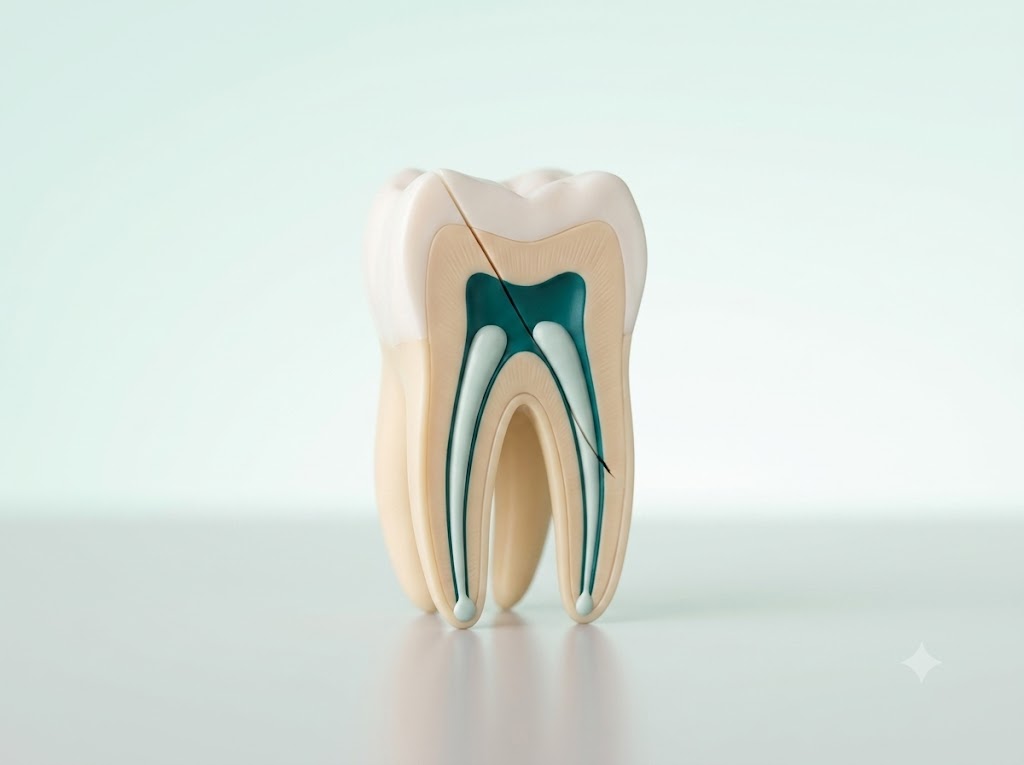 A dental model showing the inside of a tooth after root canal treatment