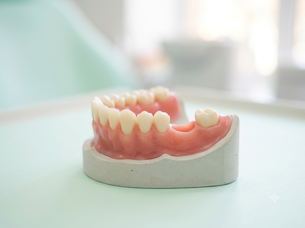 A dental model showing a gap where a tooth has been removed