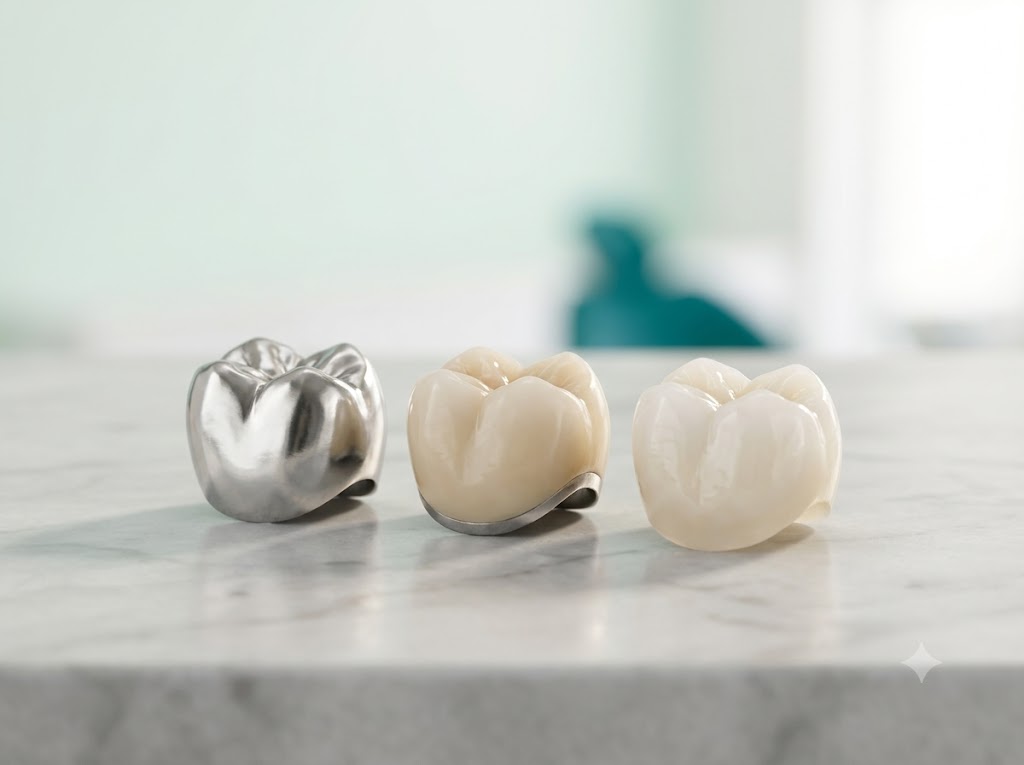 Dental caps in metal, porcelain and zirconia side by side