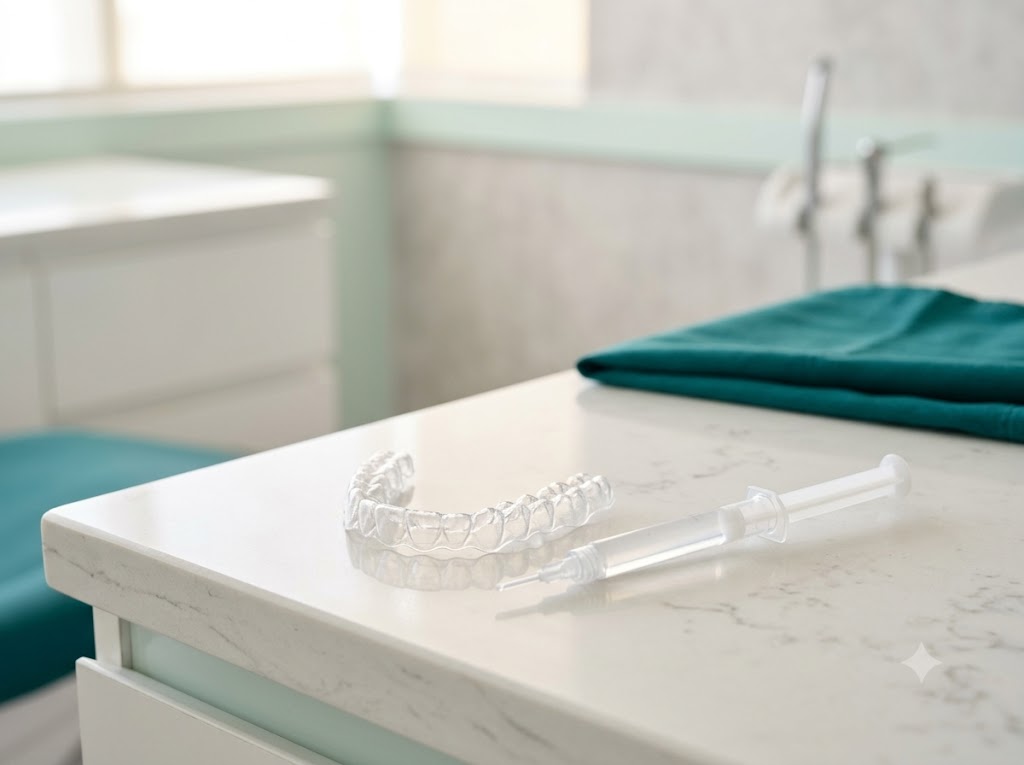 A custom-fitted take-home whitening tray supplied by a dentist