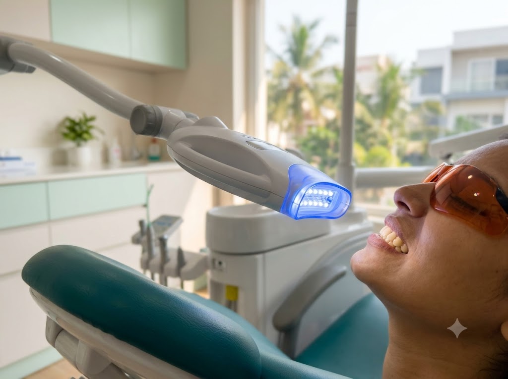 Laser teeth whitening being carried out in a dental chair