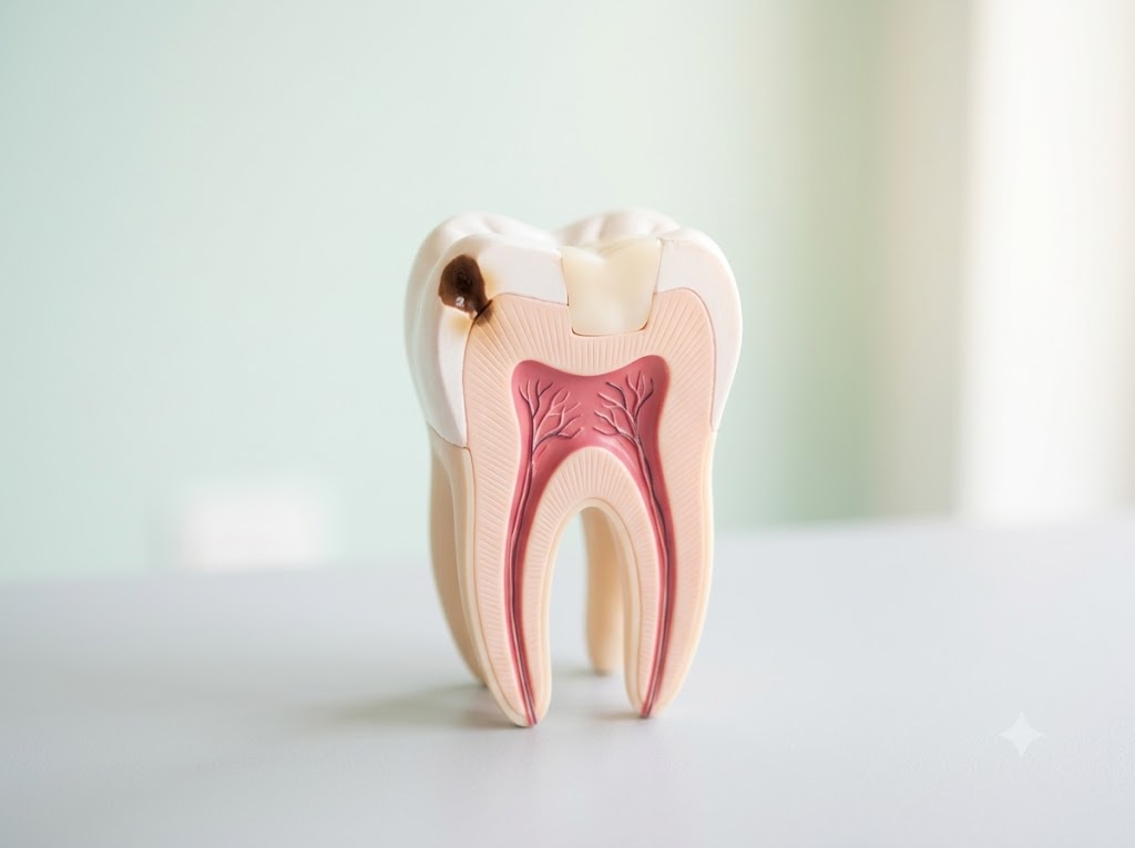A dental model showing early tooth decay and a filling