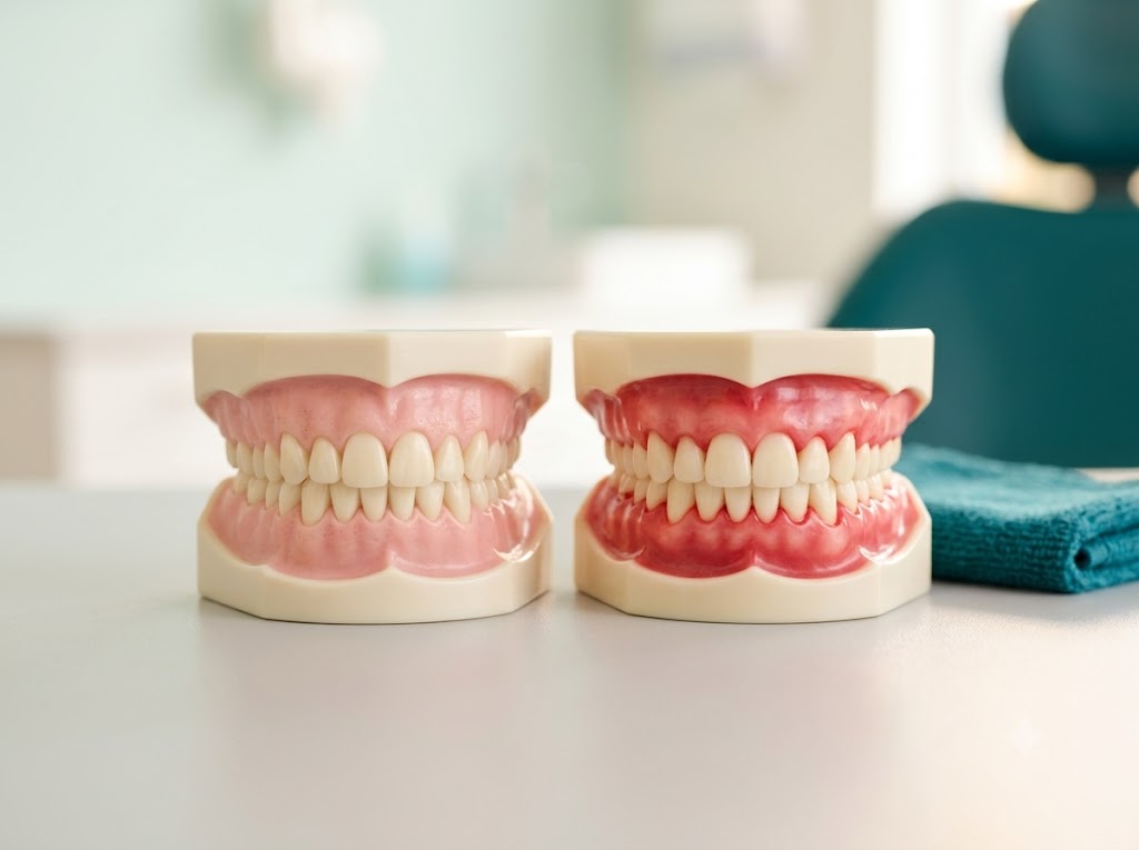 Healthy gums compared with inflamed, bleeding gums