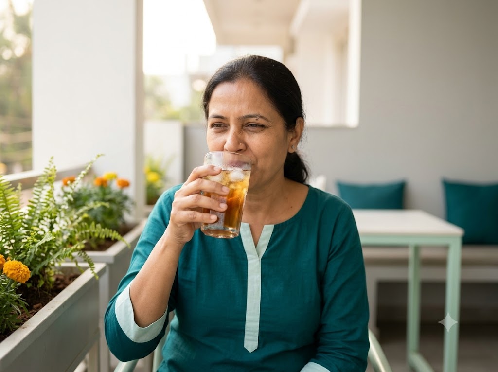 A person wincing while drinking a cold drink
