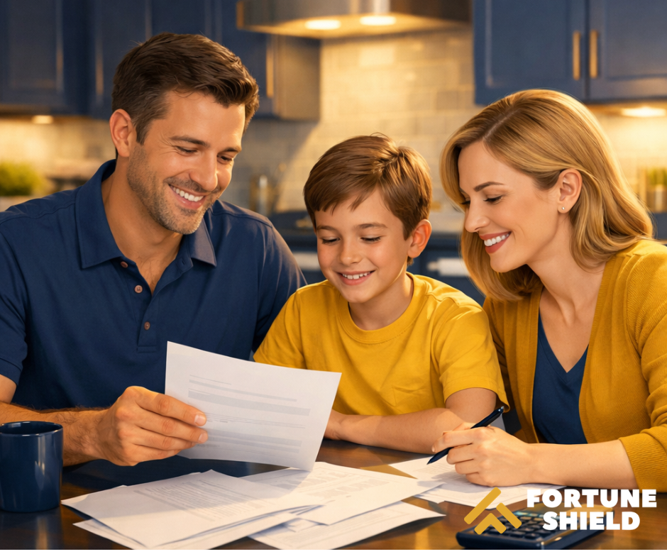 A calm, modern illustration of a family at a kitchen table looking at paperwork together. Warm lighting, hopeful mood — not stressed. Fortune Shield brand colors (navy blue, gold accent). No text overlay
