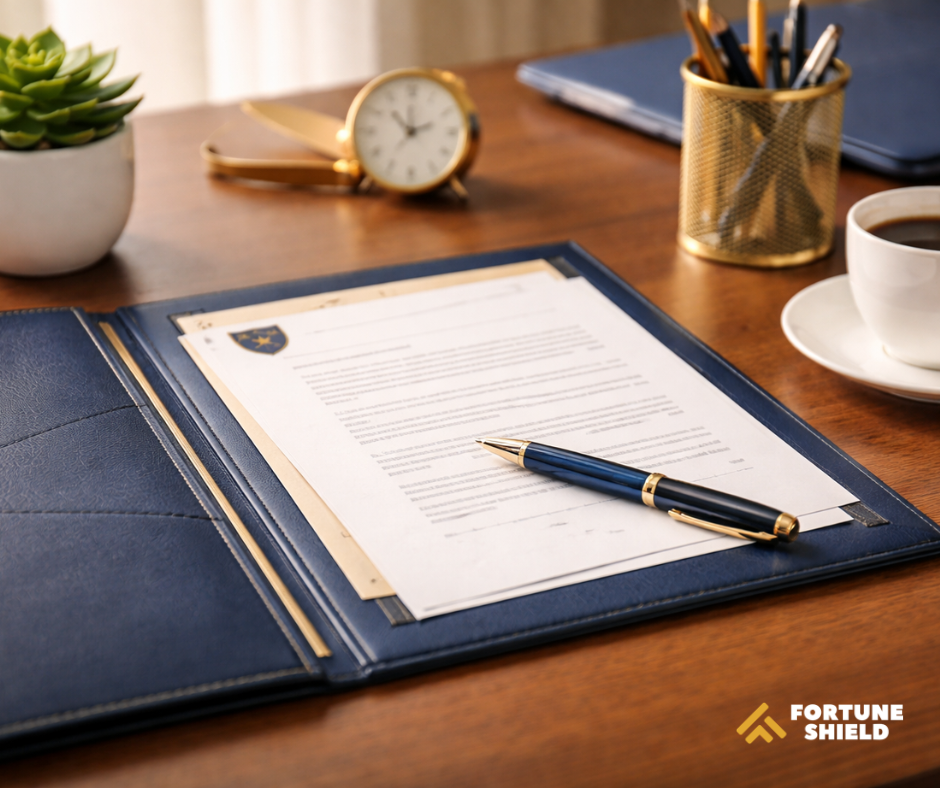 A clean, organized desk with a few important-looking documents in a folder, a pen, and a small plant. Calm, professional, slightly warm tones. No text overlay. Fortune Shield brand aesthetic. 