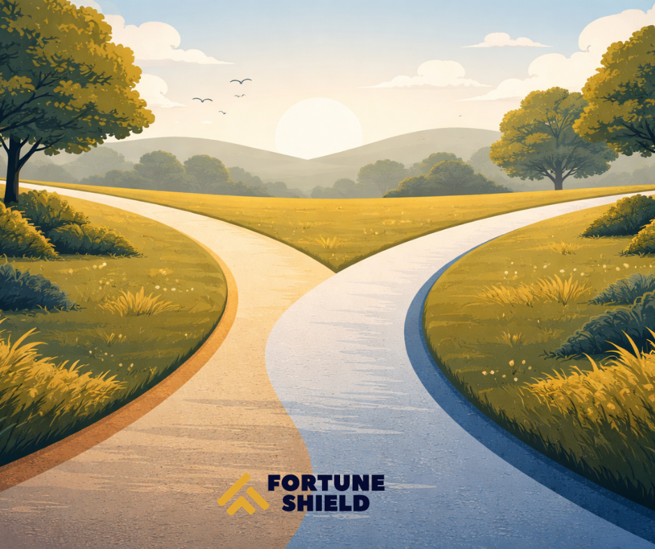 Two paths diverging gently — not dramatically — illustrated in a calm, modern graphic style. No one path looks "right" or "wrong." Fortune Shield navy and gold palette. No text overlay. 