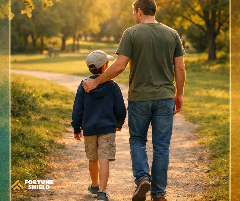 A father and child walking together on a path through a park — seen from behind, warm afternoon light. Hopeful, grounded, calm. Fortune Shield brand colors as a subtle overlay or border. No text. 