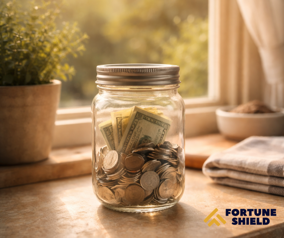 A single glass jar on a kitchen windowsill, partially filled with coins and folded bills, backlit by soft morning sunlight. Calm, hopeful, domestic. Fortune Shield brand tones. No text overlay. 