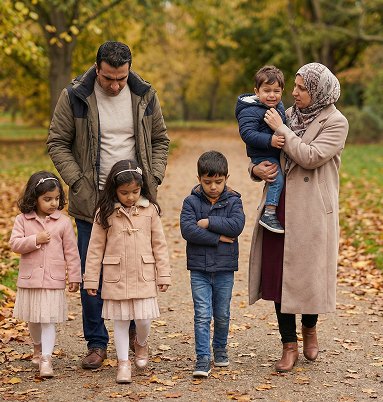 A family walking together through an autumn park