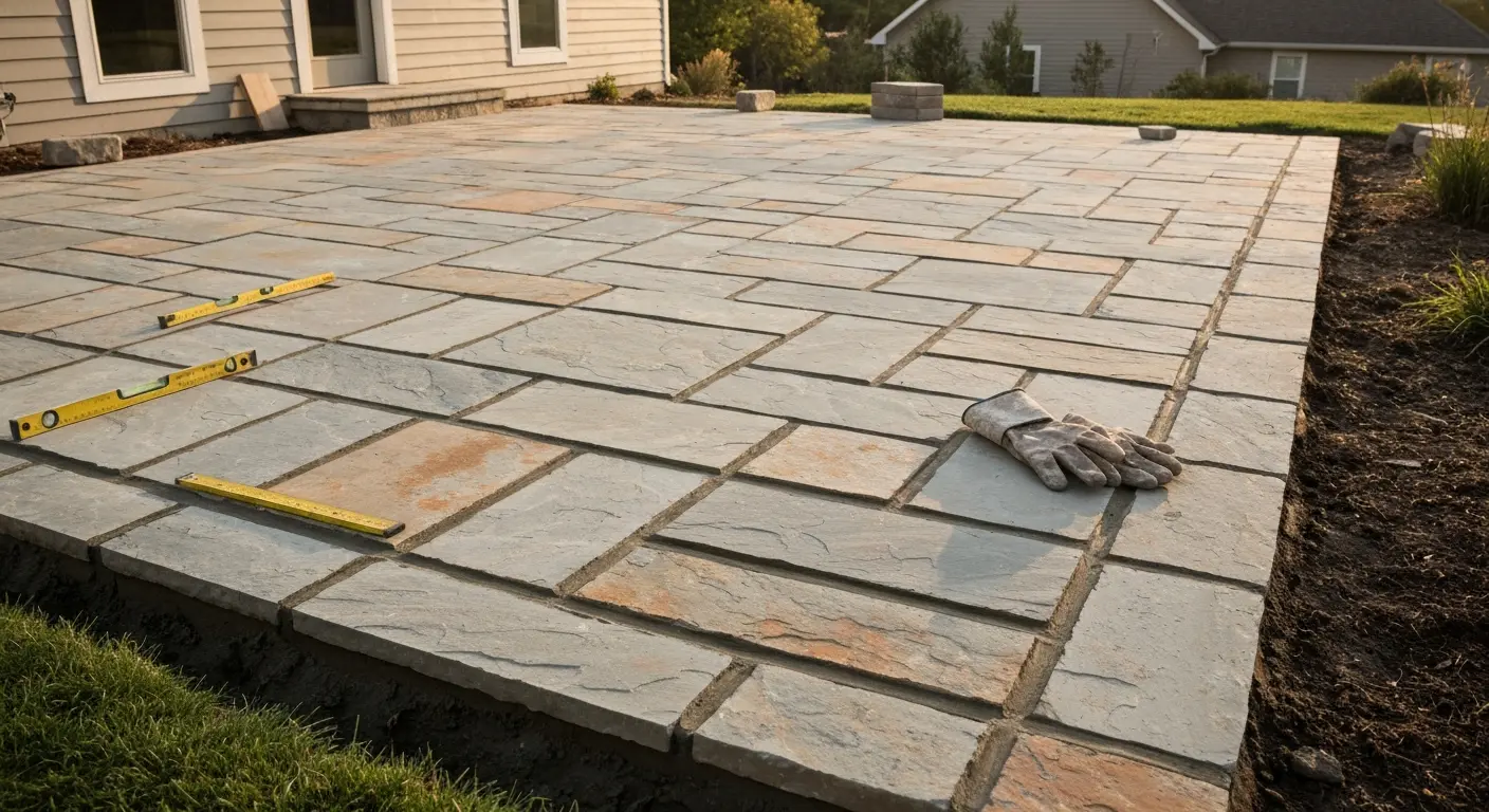 Stone patio base for outdoor kitchen