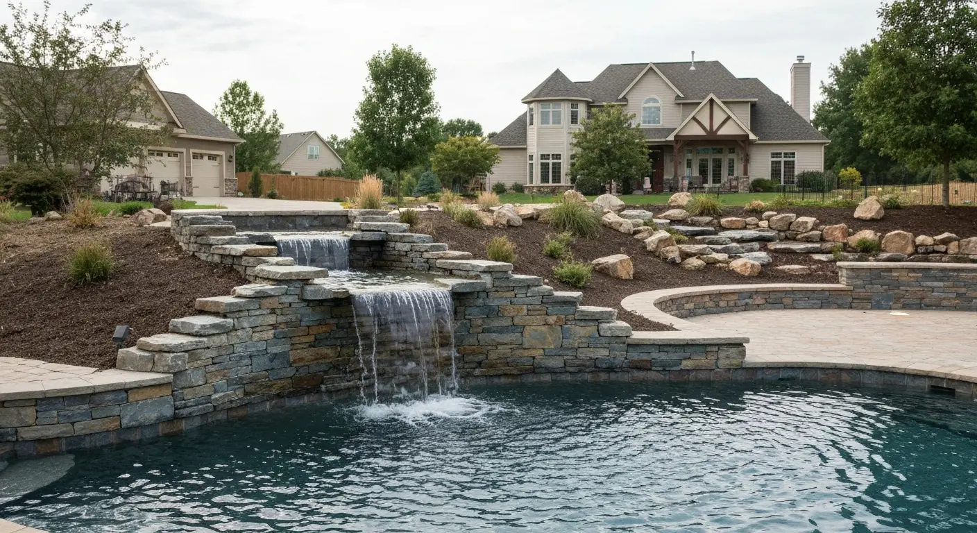 Waterfall and fountain installation