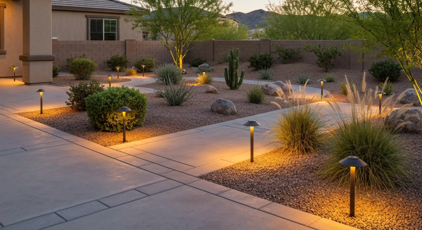Outdoor patio with landscape lighting