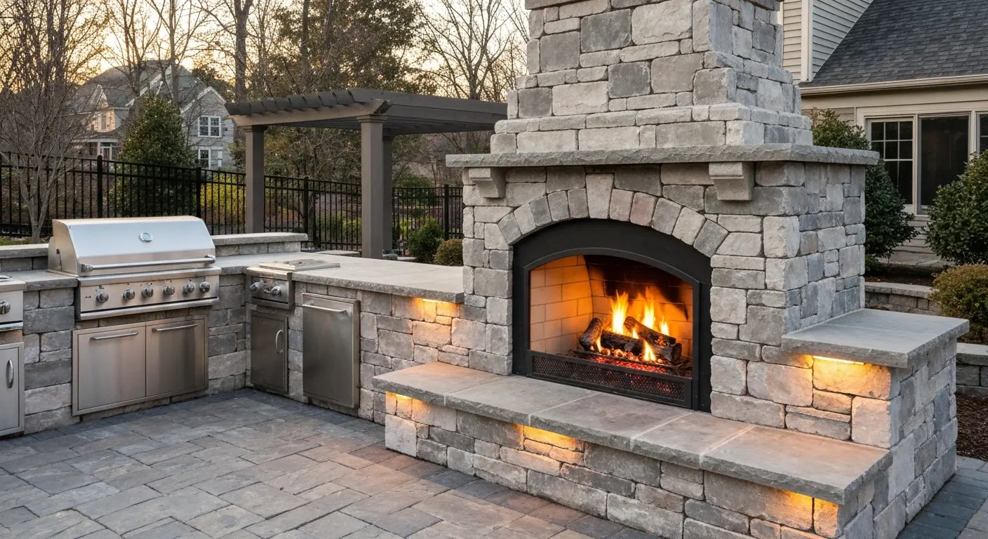 Outdoor kitchen fireplace