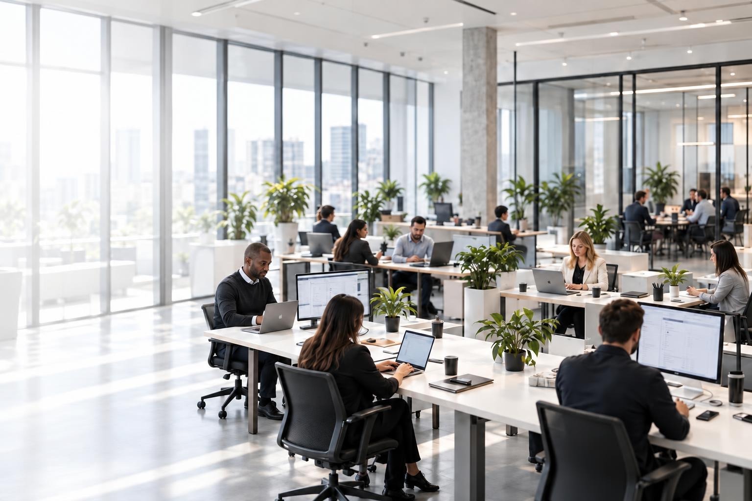Bureau à aire ouverte, équipe au travail