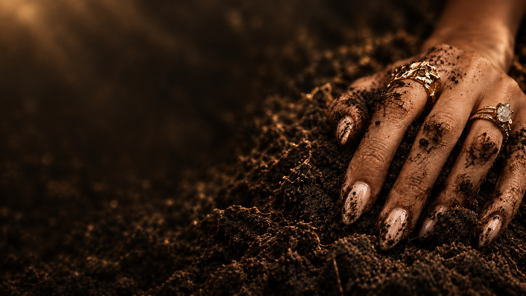 A hand emerging from dark soil