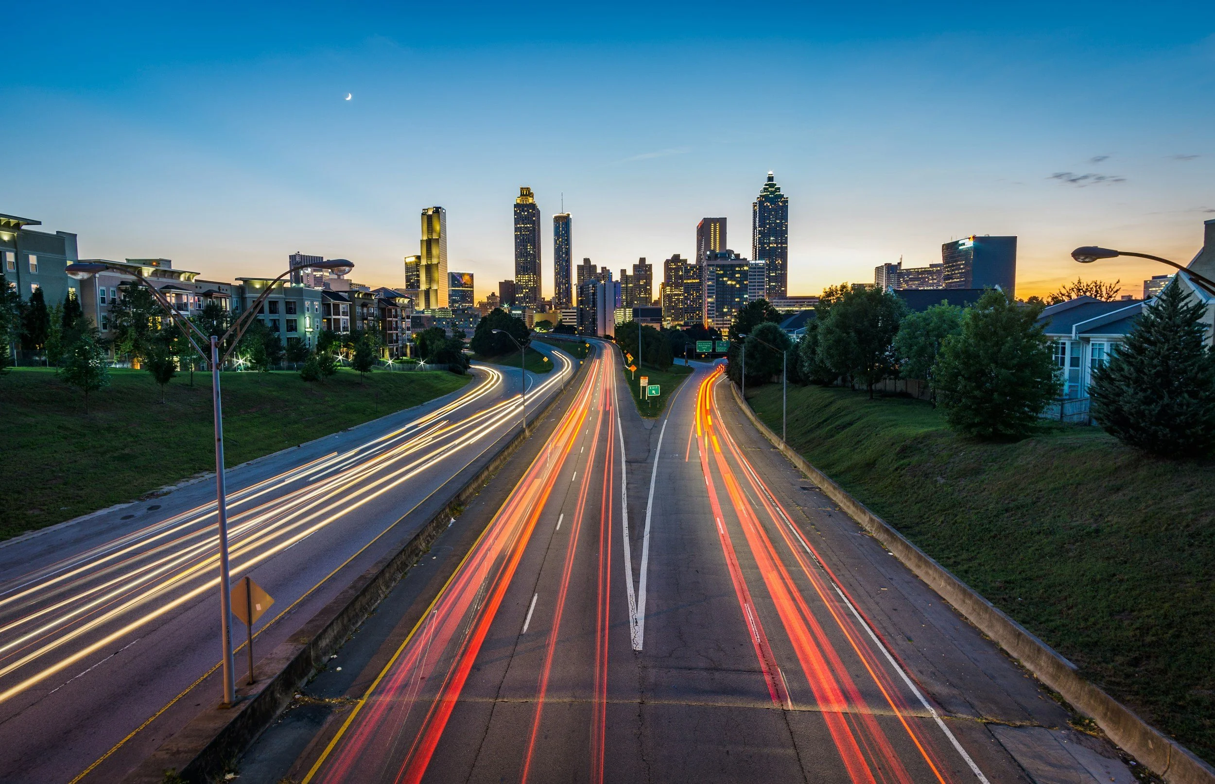 City skyline at dusk