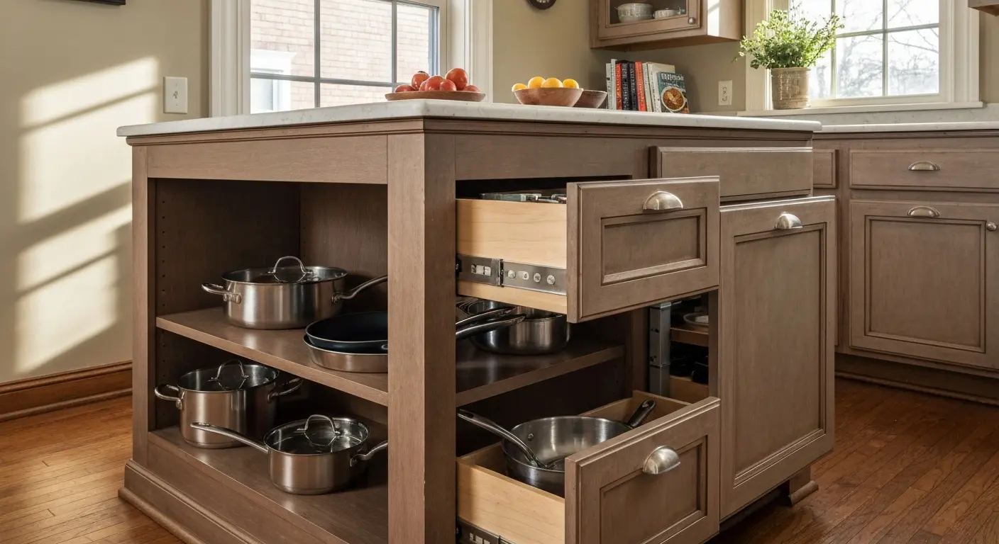Island storage solutions with drawers and shelving