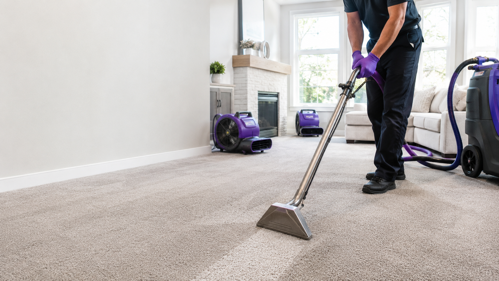 Professional technician extracting water from residential carpet