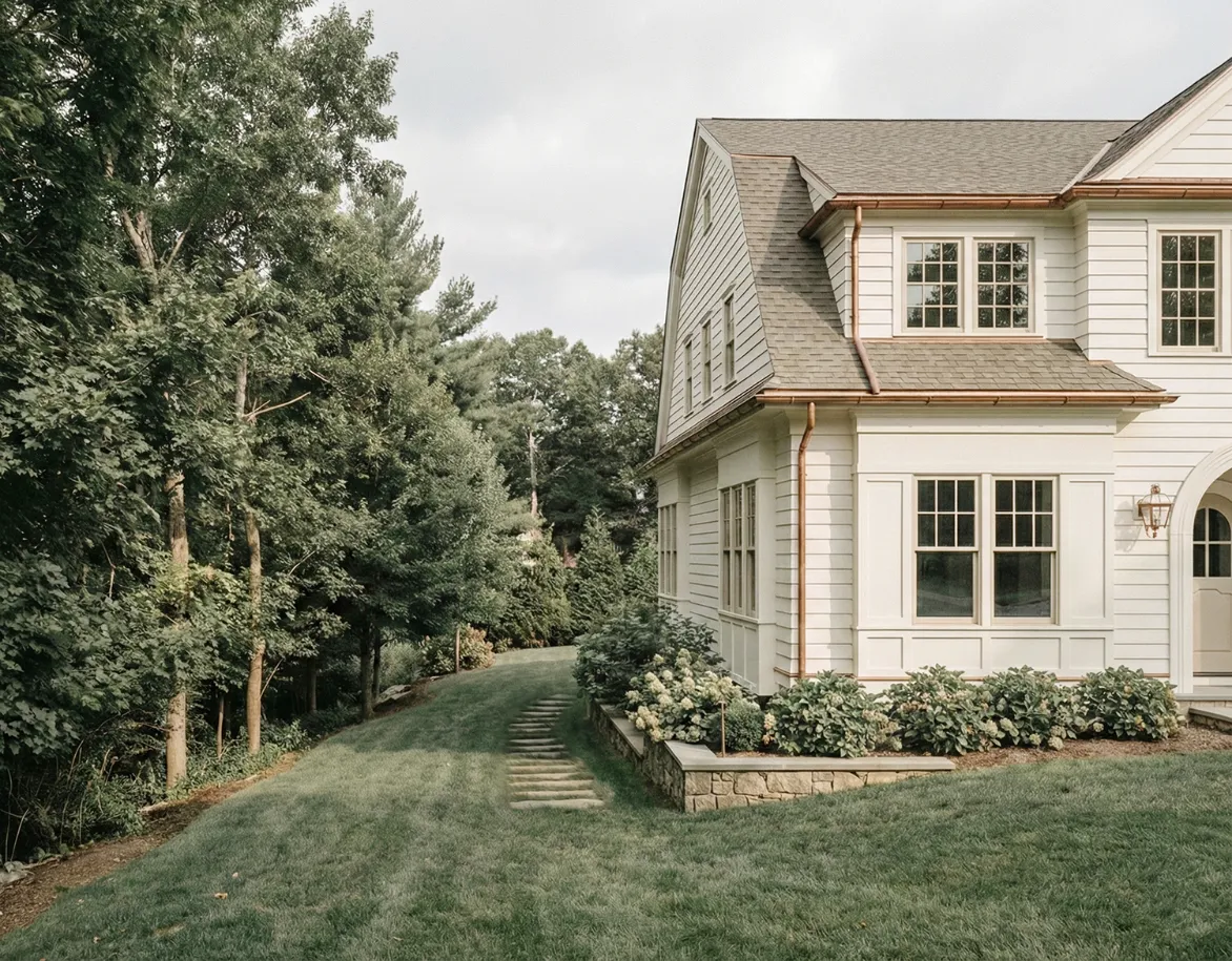 Transitional colonial gambrel in Wellesley, Massachusetts, exterior view